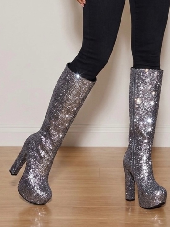 Luichiny Shoes - Vintage Luichiny Glitter Hot to Trot Platform Knee-High Boots – Pewter